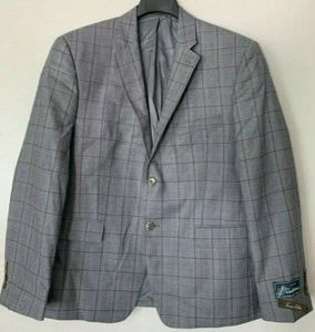 $695 Tasso Elba Men's Grey Windownpane Plaid Classic Fit Wool 2 PC Suit 44L 38W - Picture 1 of 3