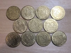 France 20 centimes coins, lot of 11. KM# 930, copper-aluminum-nickel. 1963-1997. - Picture 1 of 4