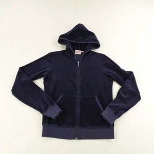 Vintage Juicy Couture Hoodie Womens Medium Blue Velour Track Suit Top USA 90s - Picture 1 of 10