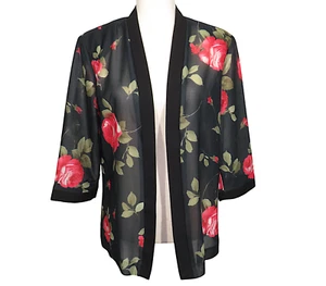 Vintage Haband Black Floral Chiffon Lightweight Open Front Cardigan Size M - Picture 1 of 6