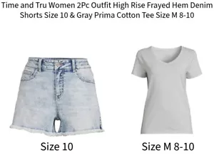 Time and Tru Women 2Pc Outfit High Rise Denim Shorts Sz 10 & Gray Tee Sz M 8-10 - Picture 1 of 10