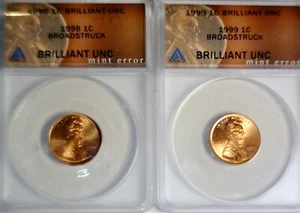 1998 & 1999 ERROR ANACS Broad Struck + CRK SKULL Lincoln Cent NICE BU 2 Coin LOT - Picture 1 of 4