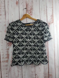 PAPELL BOUTIQUE Evening Blouse Womens Large Black 100% Silk Vintage Beaded Top - Picture 1 of 12