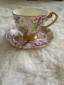 SHELLEY MAYTIME CHINTZ RIPON SHAPE CUP AND SAUCER #13369 GOLD TRIM - Picture 1 of 6