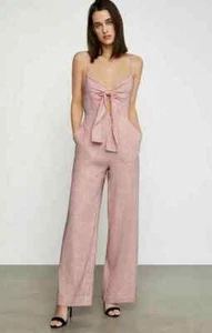 New BCBG Max Azria Tie-Front Red Pinstripe Linen Blend Jumpsuit Size 4 - Picture 1 of 16