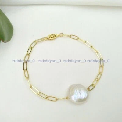 Classic 16-18mm AAA South Sea White Coin Pearl Chain Bracelet 7.5-8"  14k Gold P - Image 1 of 4