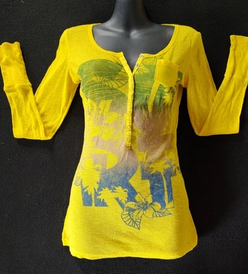 Womens Kirra Long Sleeve Henley Ribbed Knit Shirt Small Y2K Yellow - Image 1 of 2