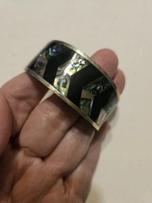 Vtg Mex Silver Bracelet Sm Cuff Inlaid Abalone Mthr Pearl Alpaca New NT 1538☆ - Image 1 of 4