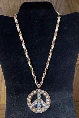 Signed SEASONAL WHISPERS Copper Color Necklace Jewel Encrusted Peace Sign READ - Image 1 of 4
