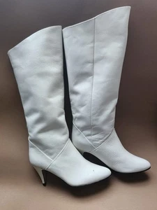 NEW VTG 80s 90s White Leather Boots Knee High 6 M UNWORN NWT Foldover Top - Picture 1 of 11