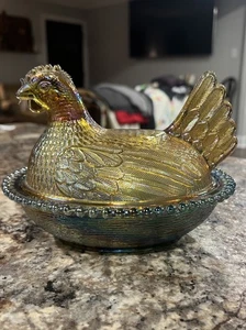 VTG 7" Indiana Iridescent Blue Carnival Glass Hen On A Nest Candy Dish Trinket - Picture 1 of 12