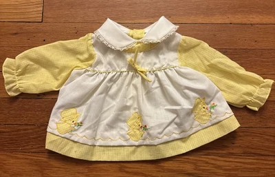 Vintage Baby Girl Birth-3 Mos Yellow White Dress / Shirt Lace Embroidered Ducks - Image 1 of 4