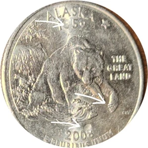 2008 P Alaska quarter dollar bear claw error along with symmetric dimples errors - Picture 1 of 2