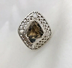 Sterling Silver .926  15mm Trillion Cut Smoky Topaz Quartz Ring Size 5 1/2 - Picture 1 of 12