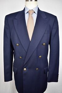 Oscar De La Renta Solid Navy Blue Worsted Wool Double Breasted Blazer Size: 43L