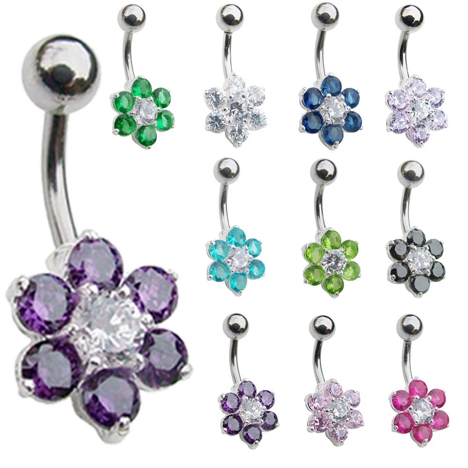 Sterling Silver Flower Belly Bar 6mm 8mm 10mm 12mm 14mm Size - Image 1 of 1