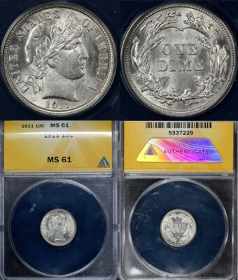 Moeda de dez centavos de barbeiro 1911 10c ANACS MS 61 - Imagem 1 de 4