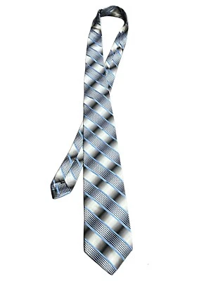 Bachrach 100% Silk Necktie. Blue Silver White Striped Men's Tie. Made in Canada - Image 1 of 4