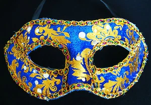 Venetian Style Eye Mask Blue Gold Decorative Halloween Masquerade Costume - Picture 1 of 11