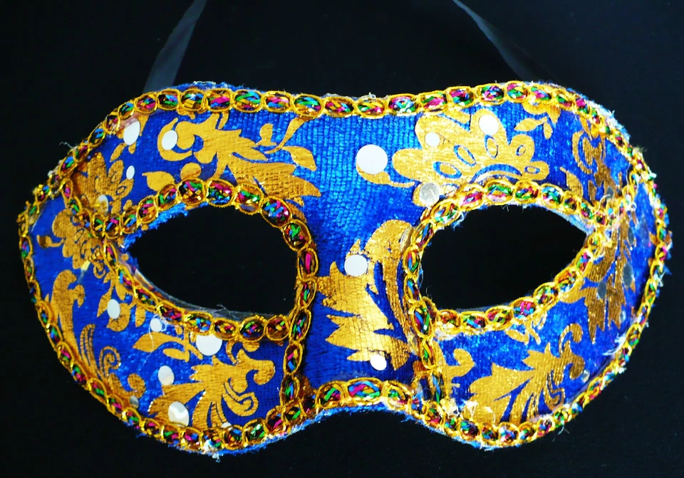 Venetian Style Eye Mask Blue Gold Decorative Halloween Masquerade Costume - Image 1 of 4