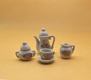 Doll Tea Set Tiny Teapot Creamer Sugar 2 Lids Pink Flowers White Adorable Set - Picture 1 of 9