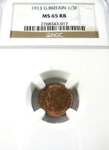 Great Britain 1913 Bronze 1/3rd Farthing (used in Malta only) NGC MS65 RB BL1 - Picture 1 of 4