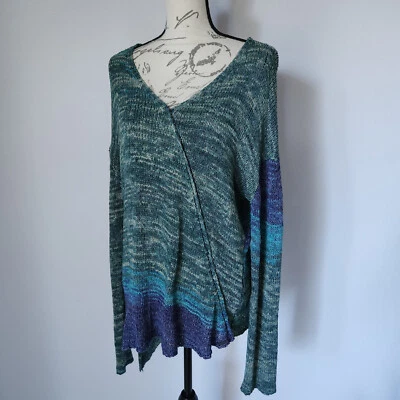 PrAna Asymmetrical Vignette Yoga Sweater Hi-Low V-Neck Green Blue Women Sz.L - Image 1 of 4
