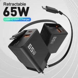 65W USB-C GaN Charger with Retractable Type-C Cable 2-Port Super Fast Charger - Picture 1 of 6