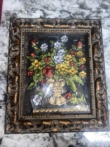 Vintage Gemälde Vase geprägt mit mehrfarbigen Blumen Acrylfarbe verzierter Rahmen - Bild 1 von 8