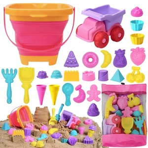 Beach Sand Toys Set - Pink Dump Truck Car Toy with Sand Molds, Collapsible Bu... - Picture 1 of 7