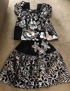 Hawaiian Skirt & Top SILVER and BLACK  HANDMADE Medium Short Sleeve - Picture 1 of 3