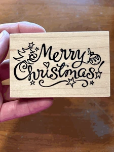 Rubber Stamp PSX G 2756 MERRY CHRISTMAS Tree Stars Cute Cursive Writing Cards - Picture 1 of 2
