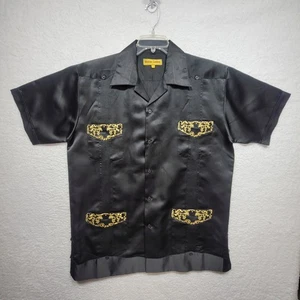 Mexican Cowboy Guayabera Shirt Mens Size Large Embroidery Four Pockets Black - Picture 1 of 10