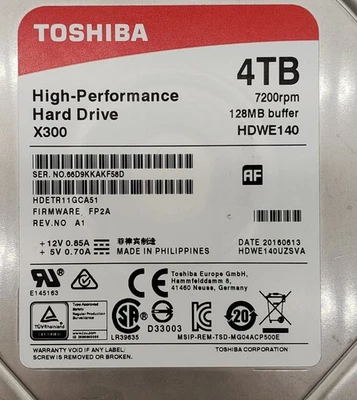 Toshiba HP X300 4TB   P/N: HDETR11GCA51 7200rpm 128MB - Image 1 of 3