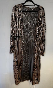 Black Lace Sheer Duster With Gold Appliqué Sequins 20s Flapper Halloween 4X - Picture 1 of 10