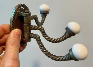 Antiqued Brass Porcelain Knob 3 Hooks Wall Mount Towel Hanger Coat Hooks Metal - Picture 1 of 14