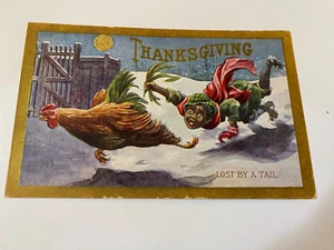 Thanksgiving Postcard ~ Black Boy Chasing Turkey "Lost By A Tail"  ~PC54 - Picture 1 of 6