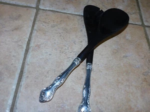 MID CENTURY MODERN BLACK PLASTIC& REPOUSSE SILVER PLATE SPOON & FORK SALAD SET S - Picture 1 of 4