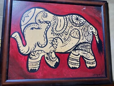 Pintura al óleo "Una escena de elefante" de E Pérez 2016 - firmada y enmarcada Foto 1 de 4