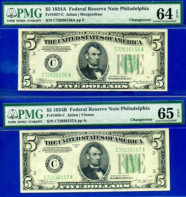 1934A 1934B $5 Federal Resrve Note PMG 65EPQ rare changeover Fr 1957-C Fr 1957-C - Image 1 of 2