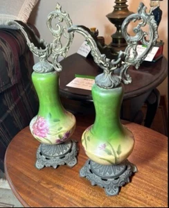 Set Of 2 Antique Victorian Mantle Ewer Metal Porcelain Painted Flowers Metal - Picture 1 of 5