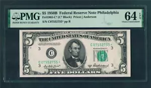 $5.00 1950B Federal Reserve Philadelphia STAR(640,000) Note~ NEW PMG-64EPQ.!! - Picture 1 of 1