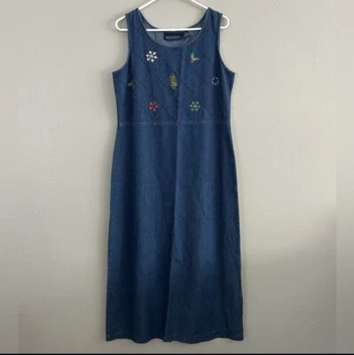 Vintage Jane Ashley Christmas Embroidered Denim Maxi Dress Jumper Size M Holiday - Image 1 of 4