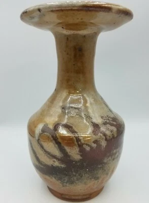 Jarrón candelabro firmado de cerámica marrón beige crema único vintage 8" de alto - 1998 Foto 1 de 4