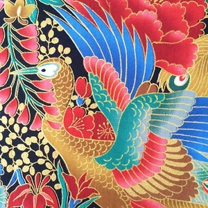Japanese peacock cotton fabric birds green teal gold oriental chinoiserie craft - Picture 1 of 14