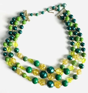 VTG Japanese Green Yellow Crackle Pearlescent Lucite Midcentury Japan Necklace - Picture 1 of 6