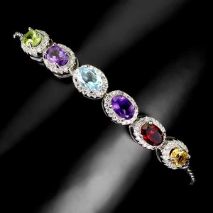 925 Sterling Silver Bracelet Oval Amethyst Citrine Topaz Natural Gemstone Jewelr - Picture 1 of 13