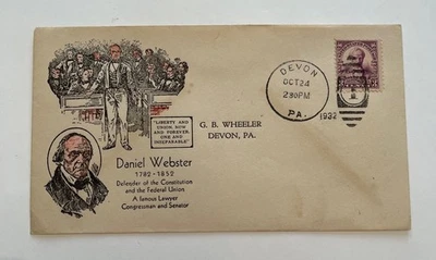 1932 3c Daniel Webster Postage Stamp #725 First Day Cover - Devon, PA Postmark - Image 1 of 2