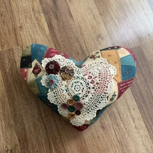 Vtg Heart Pillow Friends Patches Lace Buttons Handmade Cottagecore 13” - Picture 1 of 8