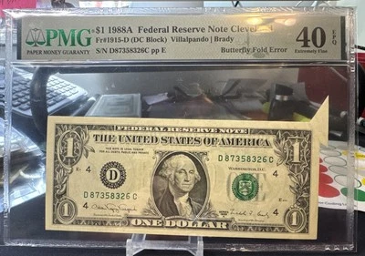 🦋  $1 1988A FRN ( CLEVELAND “D”) BUTTERFLY FOLD ERROR  ( PMG 40 EPQ ) - Image 1 of 4